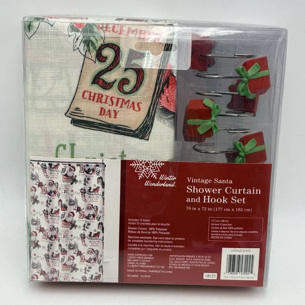 Vintage Santa Shower Curtain Hook Set 70x72 Christmas Bath Decor Gift Hooks NIP